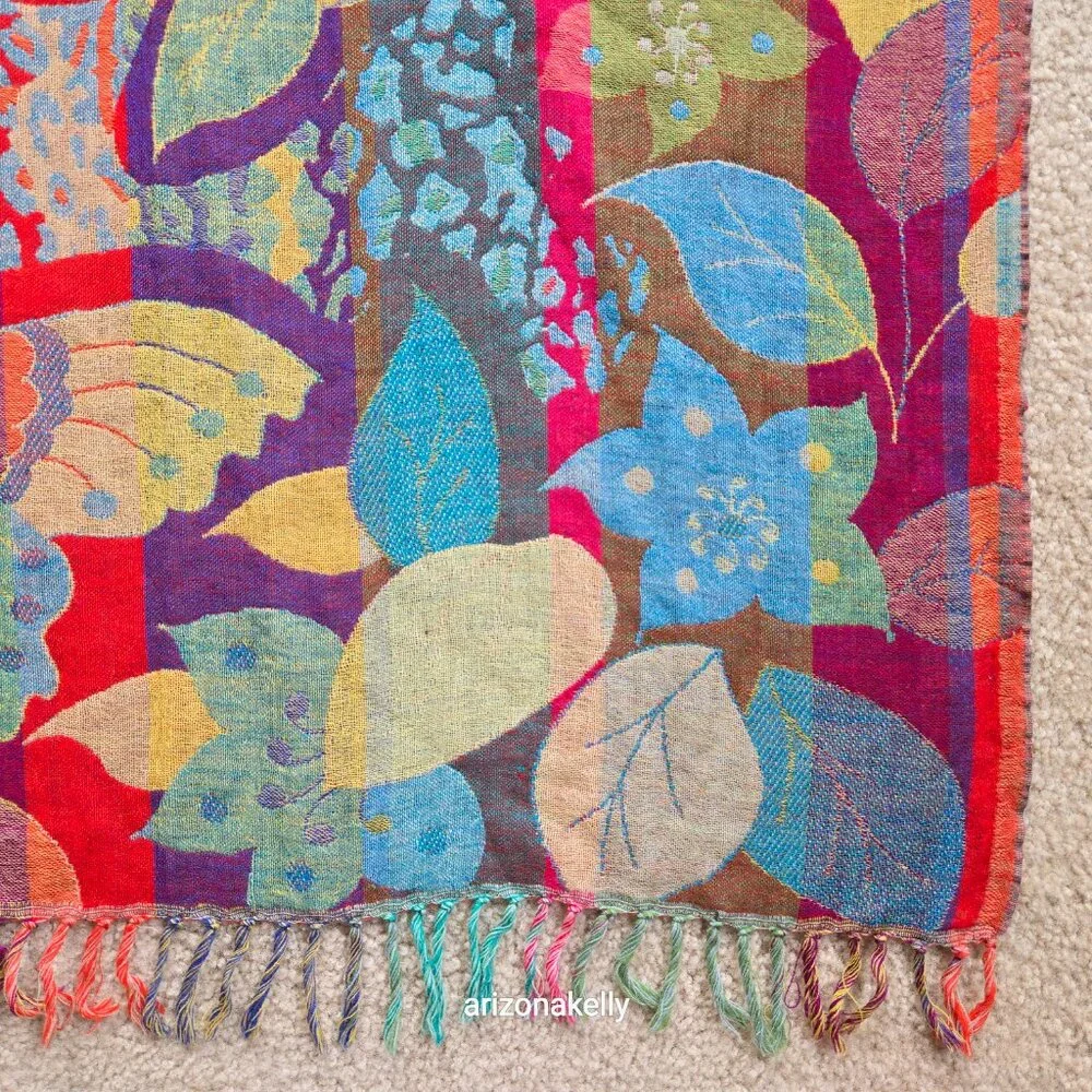 NWOT 100% Wool Woven Scarf Butterfly Flowers Colorful Vibrant